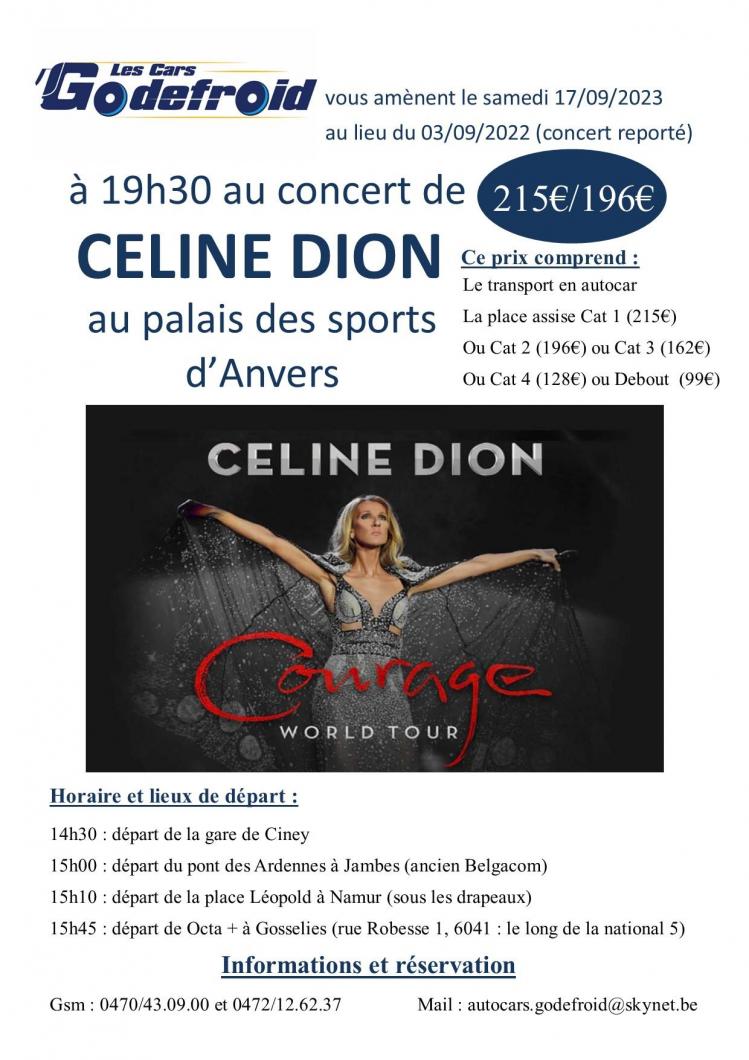Celine dion concert 17 septembre 2023 report 3 sept 2022 30 mars 2021 et 28 mai 2020