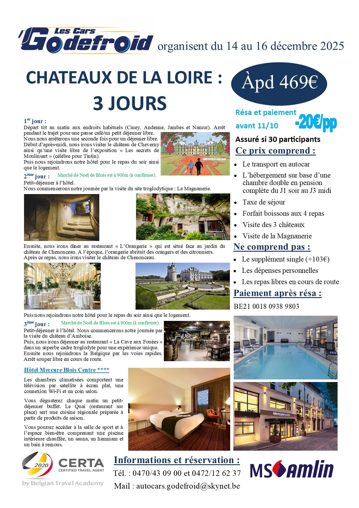 Chateaux de la loire 3 jours 14 au 16 12 2025